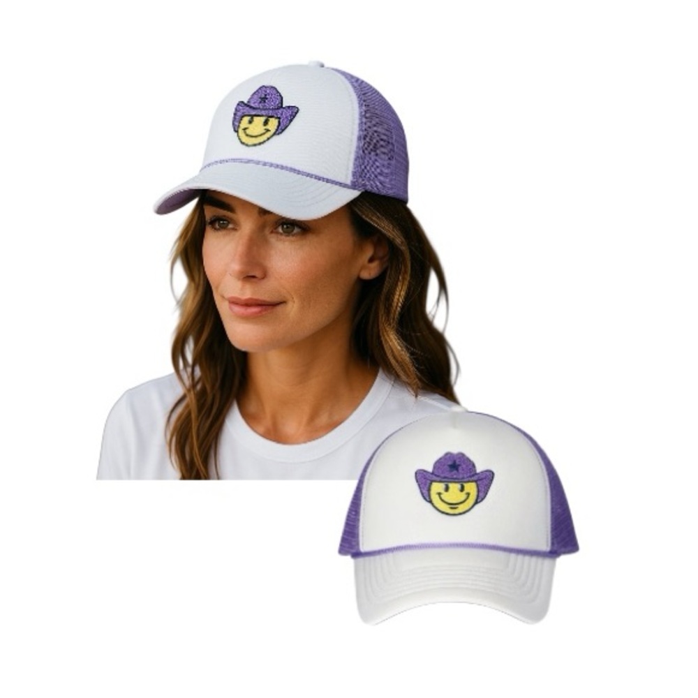No Boundaries Purple and White Smiley Cowboy Trucker Hat